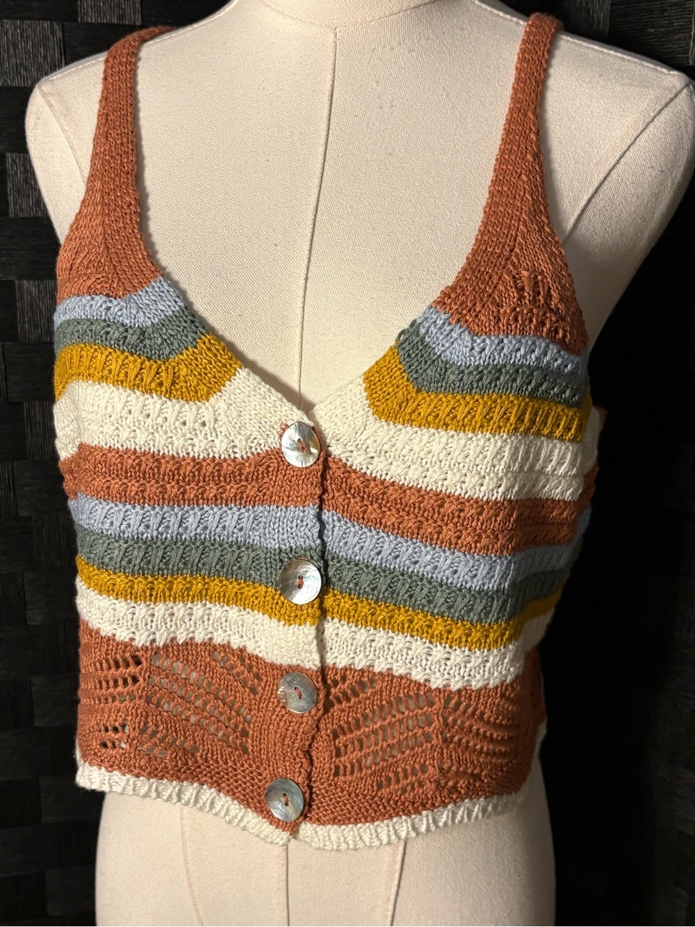 Jolie & Joy Knit Crop Top Button Up Chevron Striped Crochet Camisole